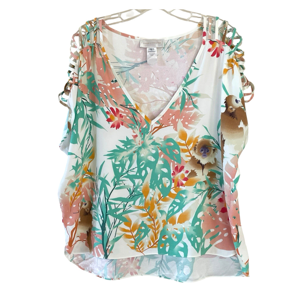 COREY LYNN CALTER Size Large Tropical Capuchin Monkey V-Neck Short Sleeve Top